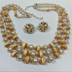 Vintage Cream Faux Pearl & Ombré Caramel Moonglow Bead Necklace and Earrings Set